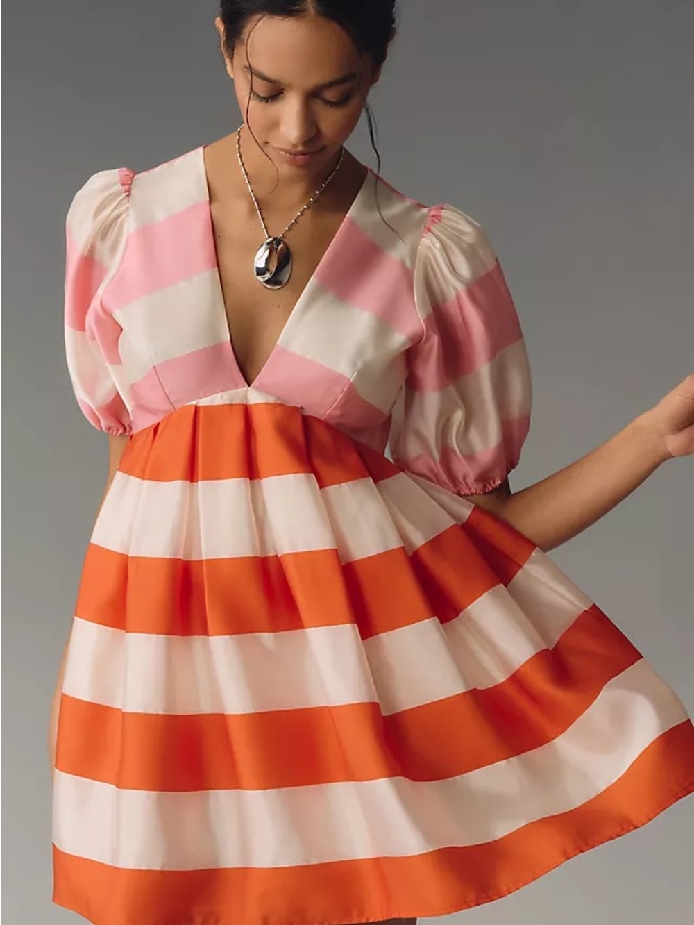 Mac Duggal Pink, Orange & Cream Striped V‑Neck Puff Sleeve Mini Dress